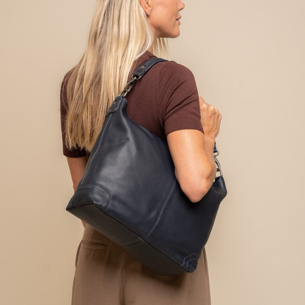 Sac Porté Épaule en Cuir Bleu Marine Astero