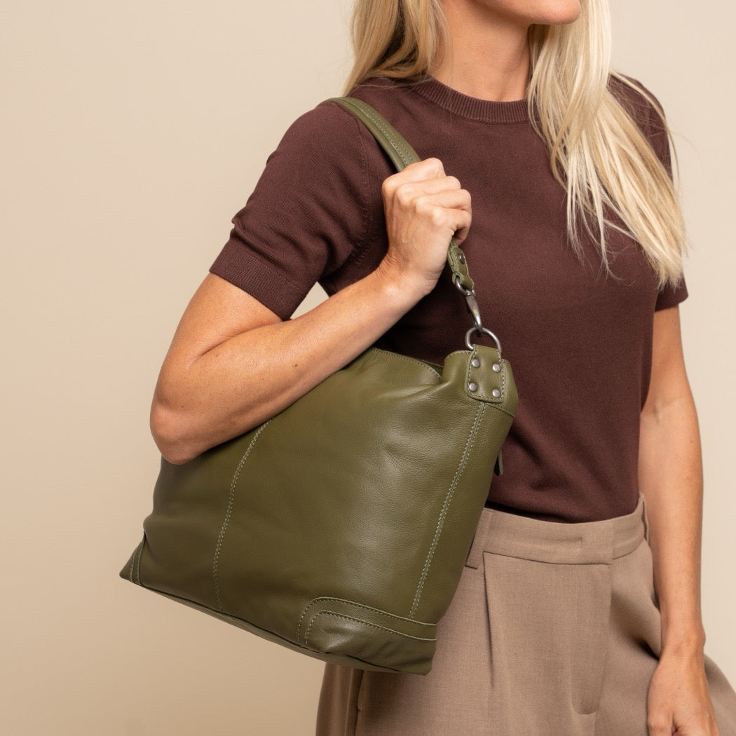 Sac Porté Épaule en Cuir Vert Olive Astero