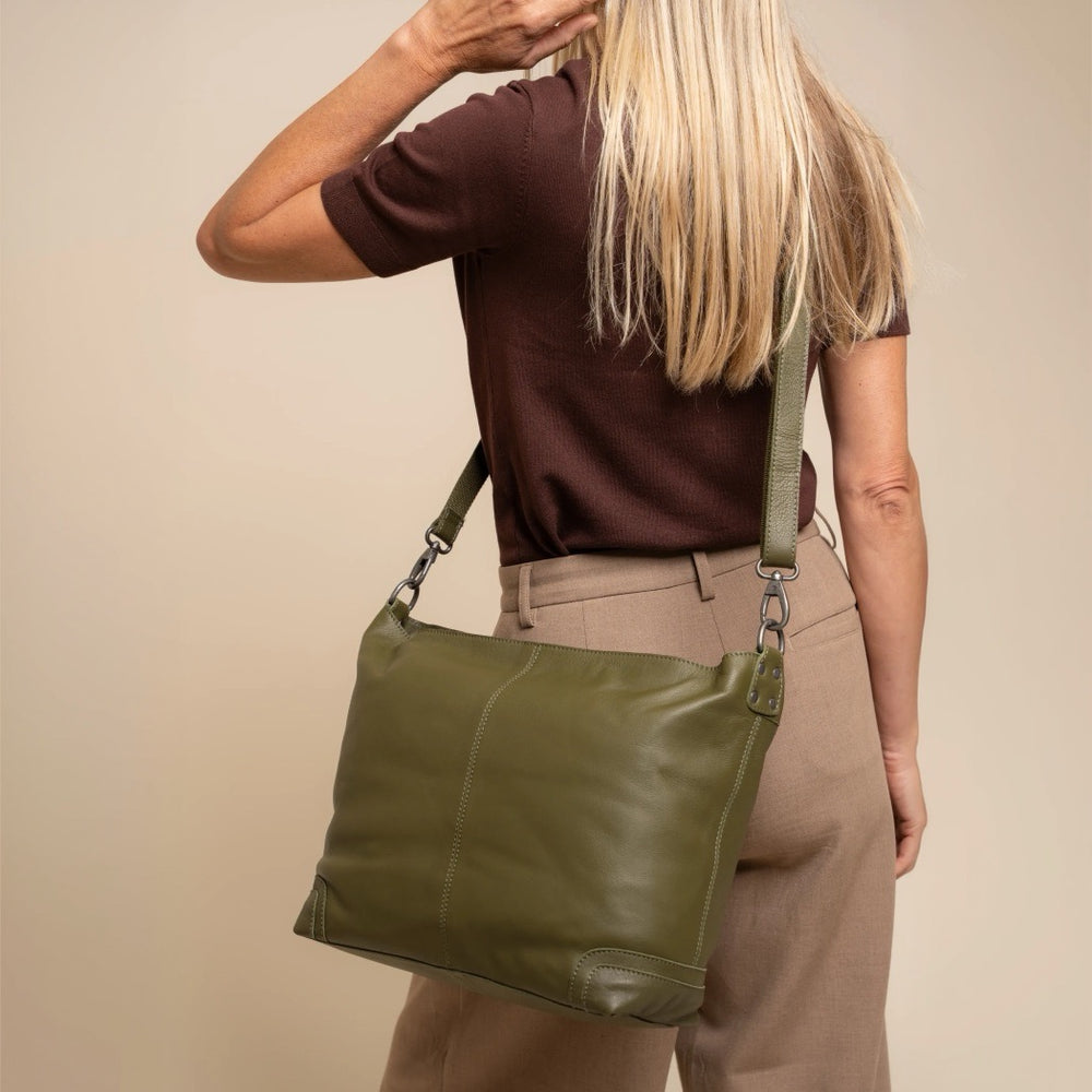 Sac Porté Épaule en Cuir Vert Olive Astero
