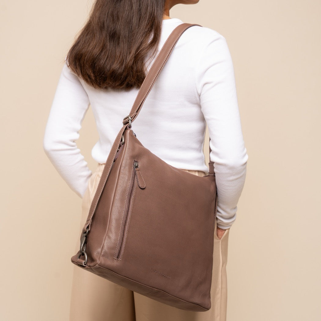 Sac Porté Épaule en Cuir Taupe Foncé Azura