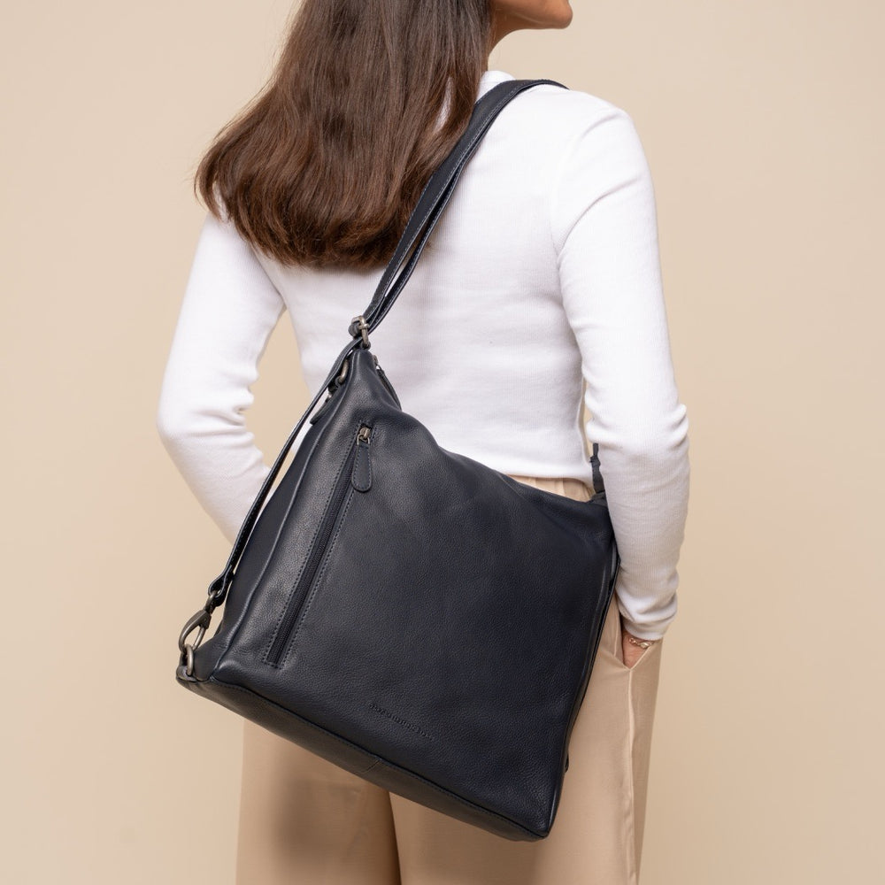 Sac Porté Épaule en Cuir Bleu Marine Azura