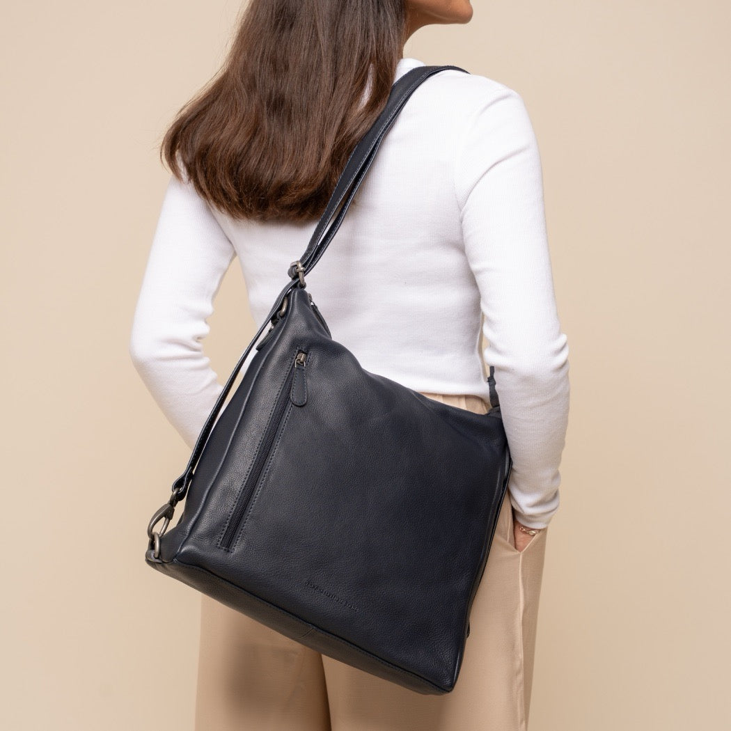 Sac Porté Épaule en Cuir Bleu Marine Azura