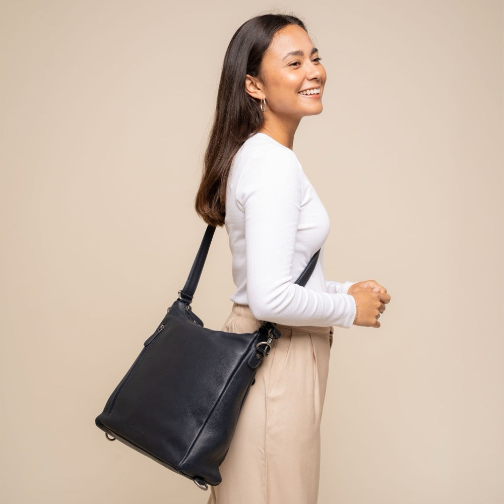 Sac Porté Épaule en Cuir Bleu Marine Azura
