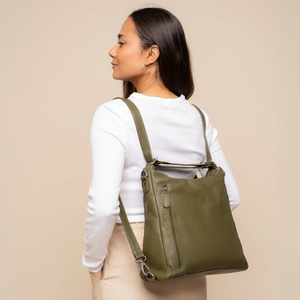 Sac Porté Épaule en Cuir Vert Olive Azura