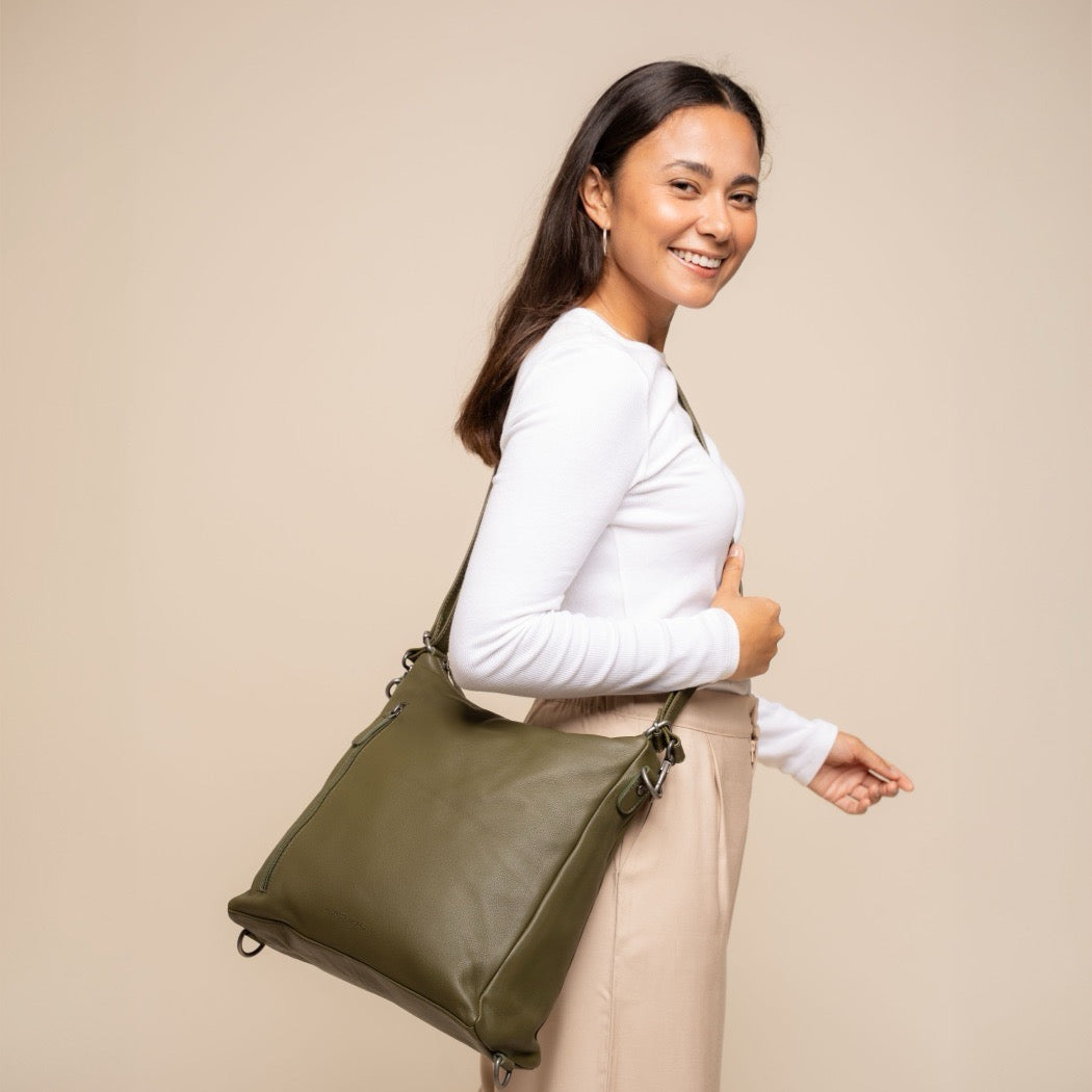 Sac Porté Épaule en Cuir Vert Olive Azura
