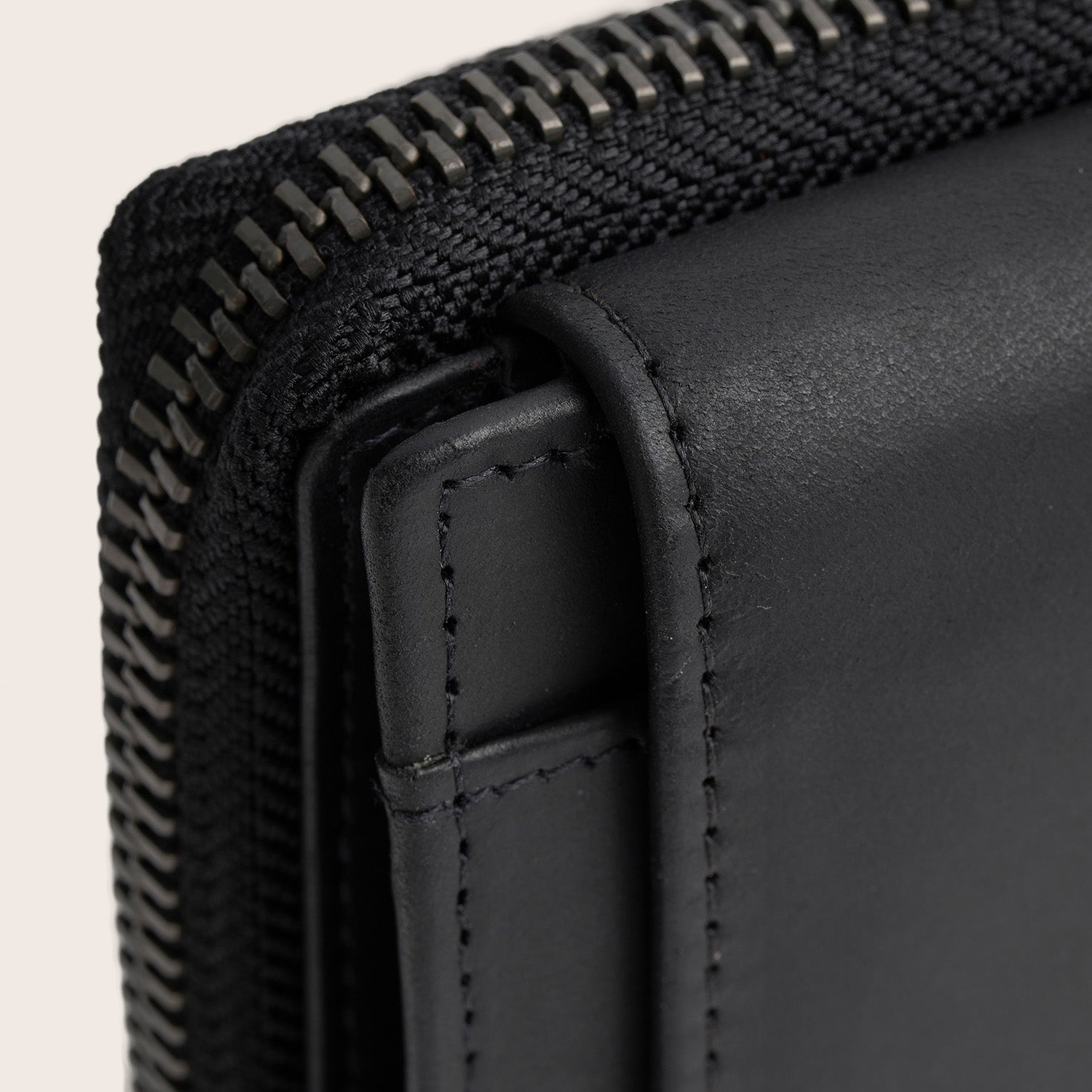 Leren Portemonnee Zwart Ascot, close-up van de rits