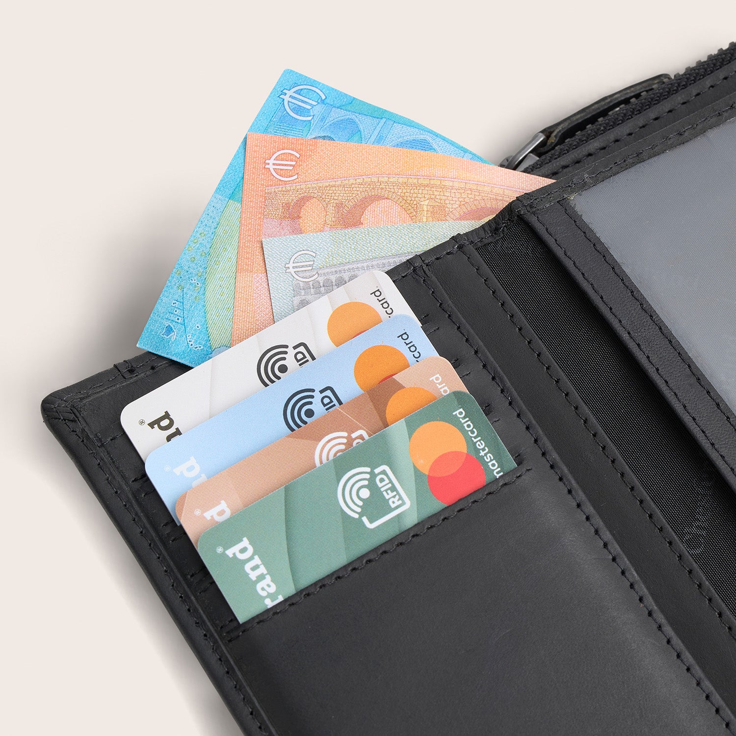 Leren Portemonnee Zwart Ascot, met pasjes en bankbiljetten