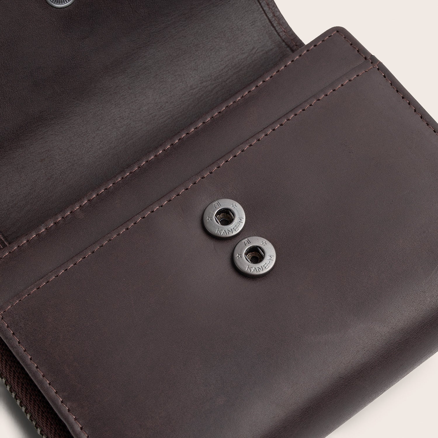 Leather Wallet Brown Ascot, with the flap open, close-up of the snap buttons