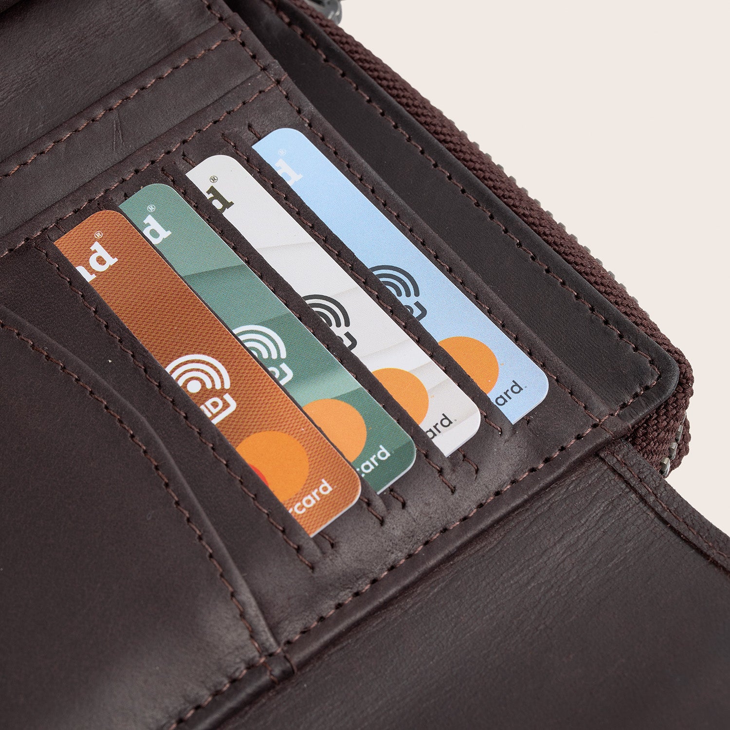 Leather Wallet Brown Ascot, close-up of the card slots