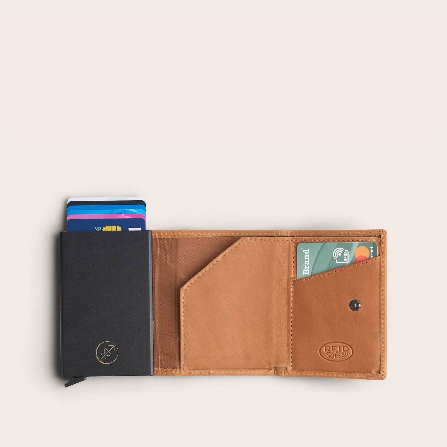 Leather Card Holder Cognac Lancaster, inside view, opened, with cards pushed out and embossed 'RFID Safe'