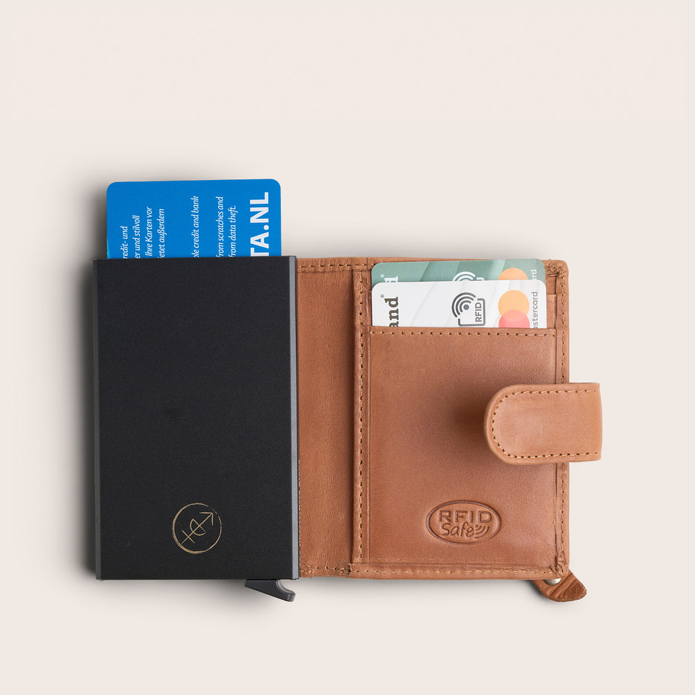 Leather Card Holder Cognac Loughton, top view, opened, with cards