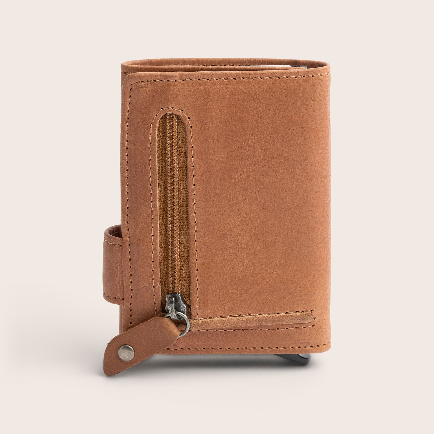Porte-cartes en Cuir Cognac Leicester, vue de dos avec poche zippée