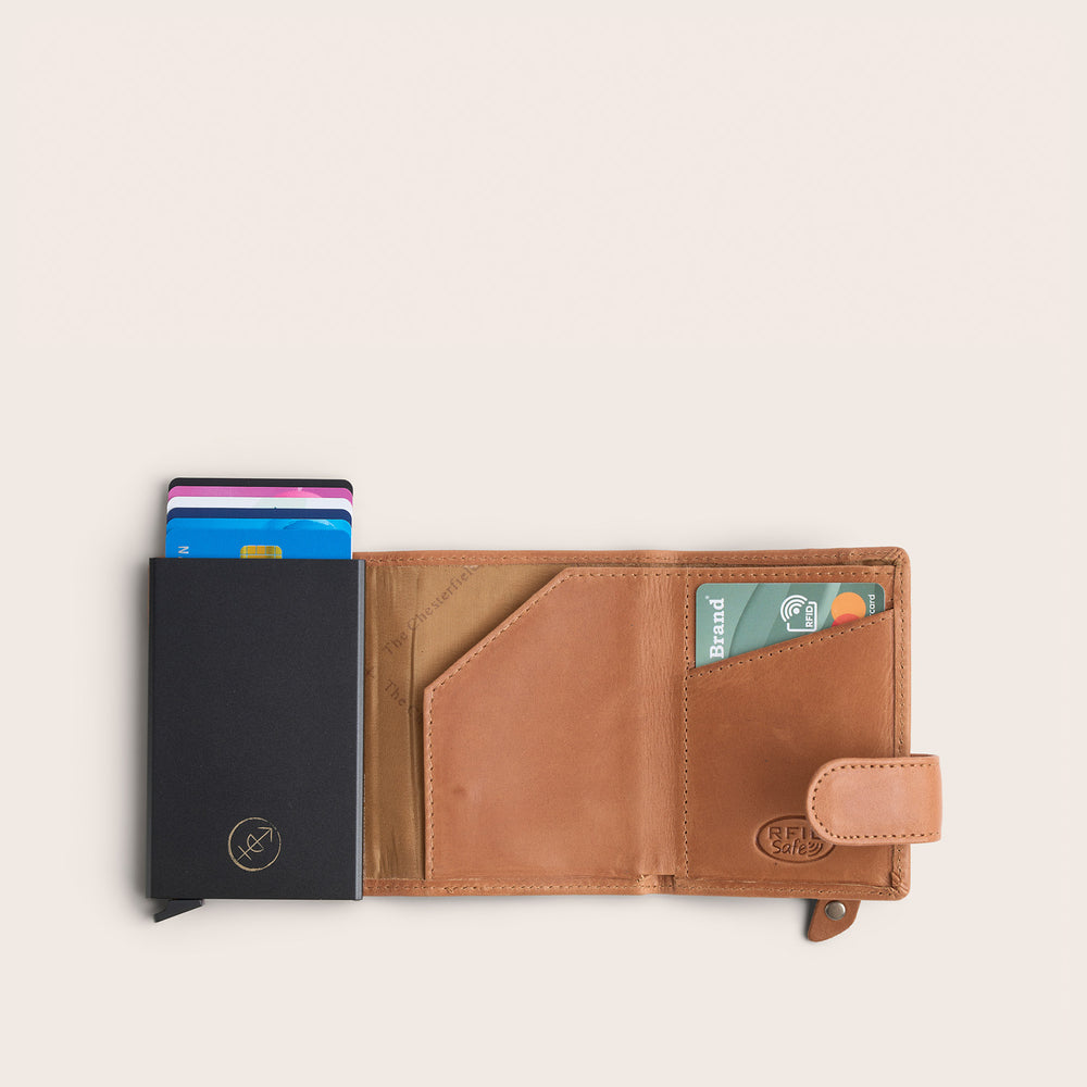 Leather Card Holder Cognac Leicester, inside view, opened, with cards pushed out