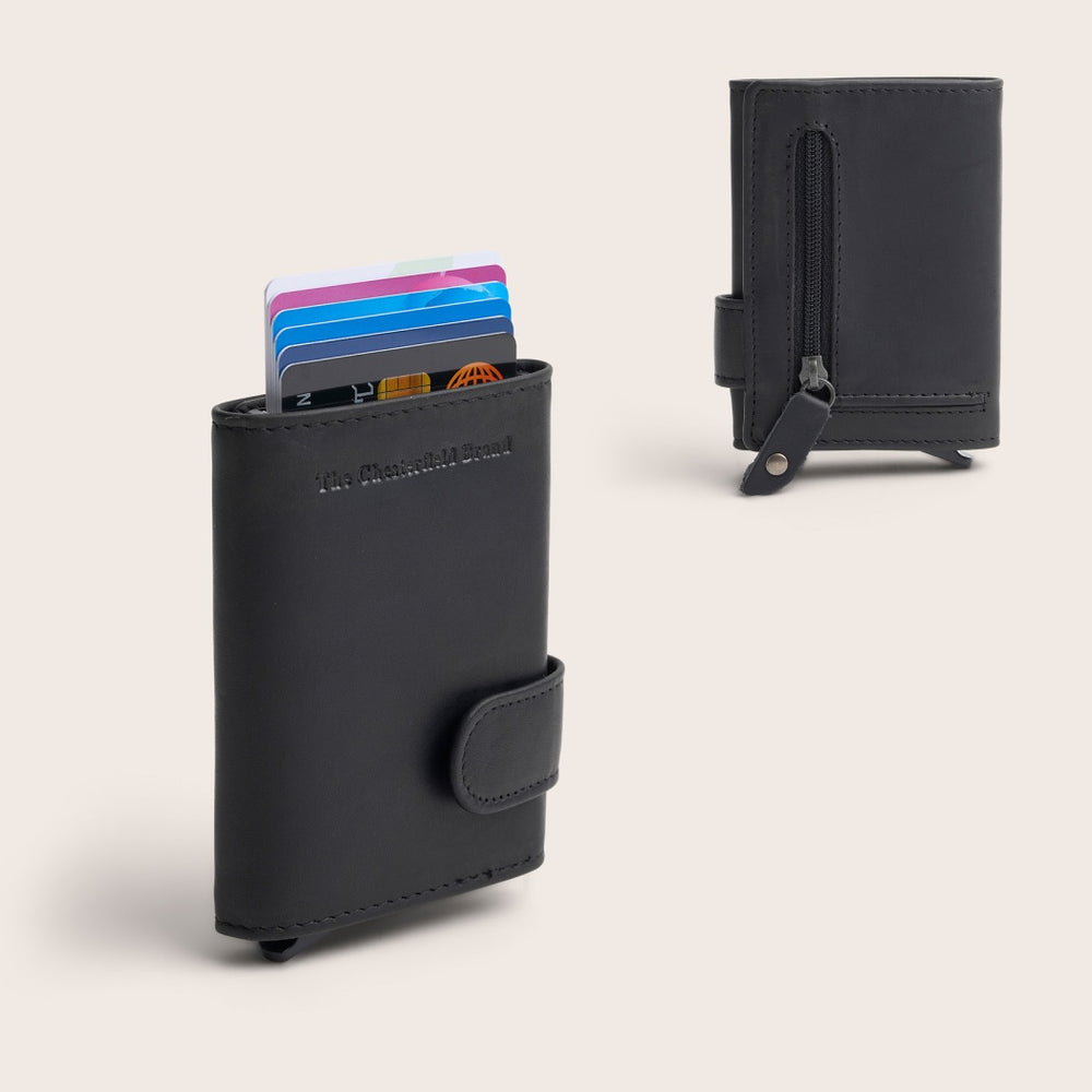 The Chesterfield Brand Leather Card Holder Black Leicester, front view with cards pushed out and back view with zip pocket