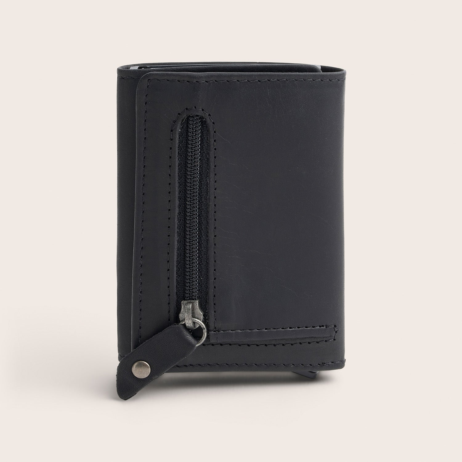 Leather Card Holder Black Palma, back view with zip pocket