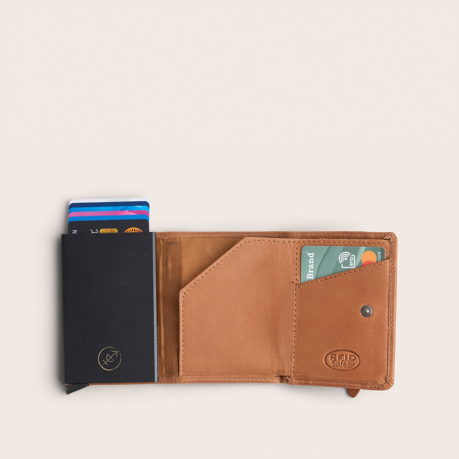 Leather Card Holder Cognac Palma, inside view, opened, cards pushed out of the card case