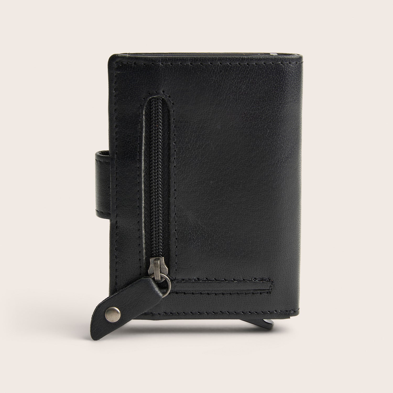 Leather Card Holder Black Prague, back view with zip pocket