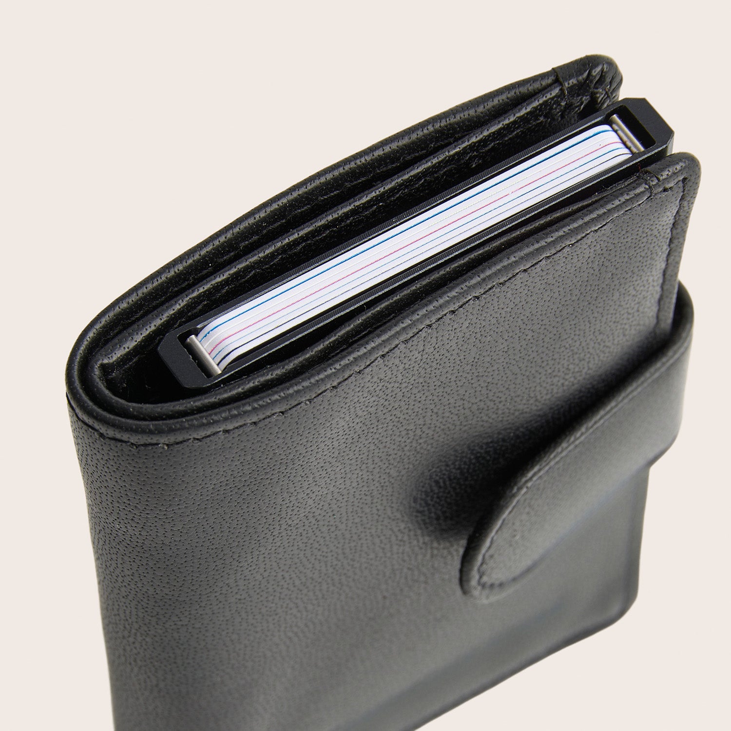 Leather Card Holder Black Prague, top view with cards