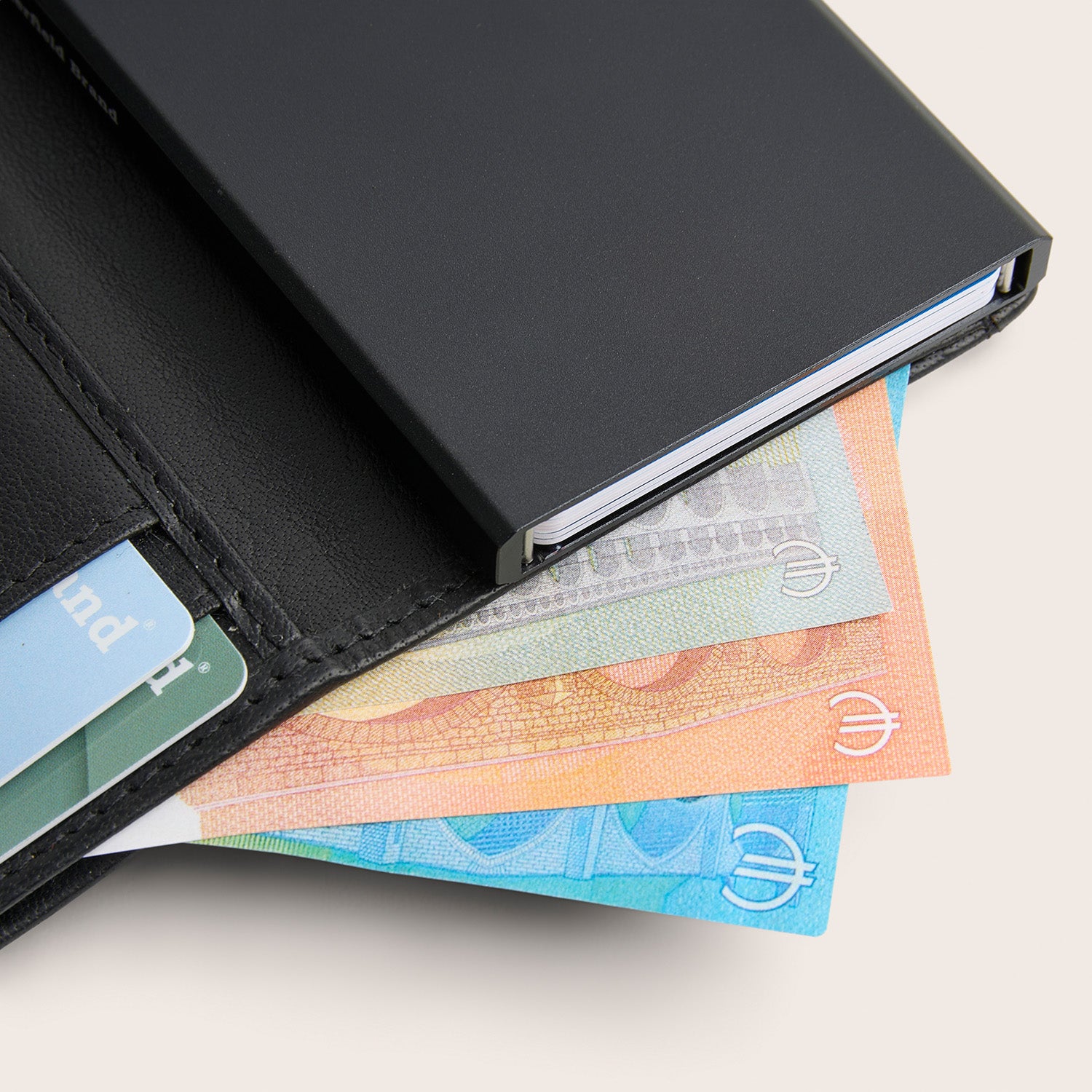 Leather Card Holder Black Prague, with cards and banknotes