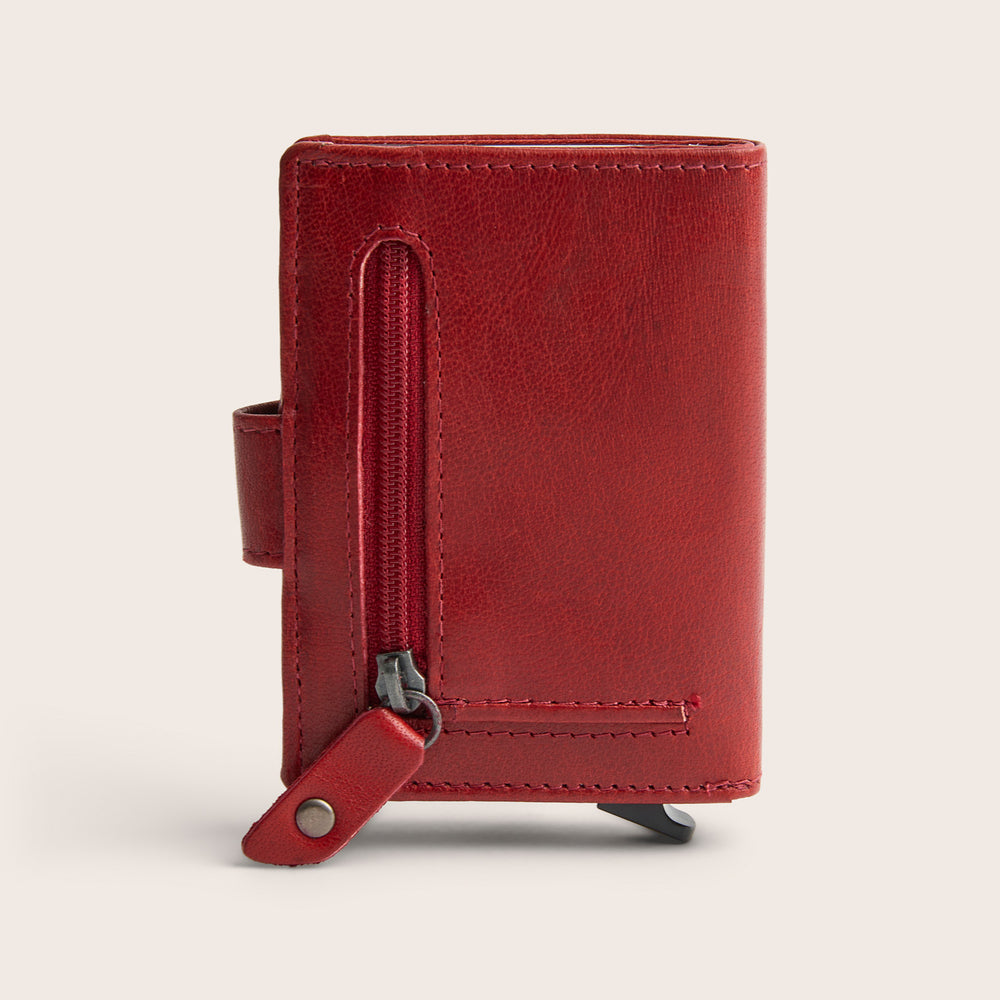 Leather Card Holder Red Prague, back view with zip pocket