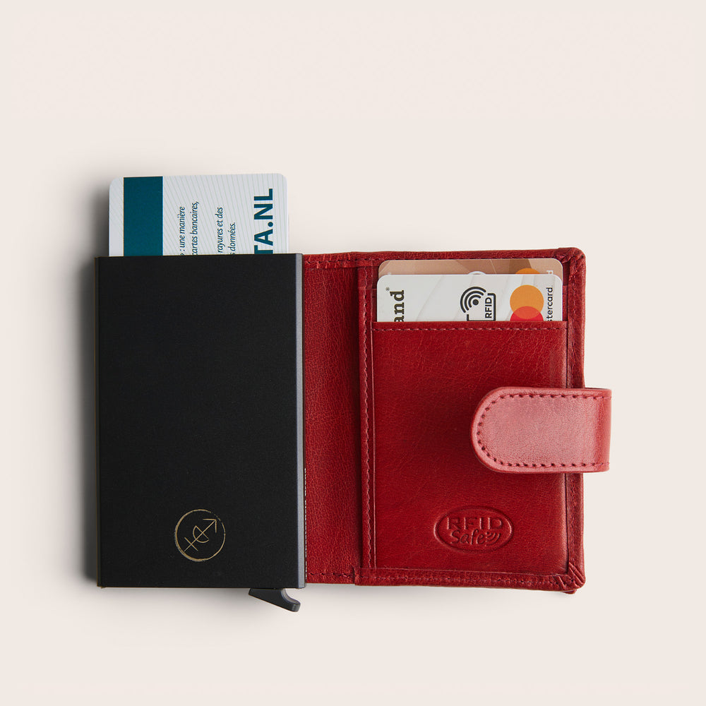 Leather Card Holder Red Prague, inside view, opened, with cards, embossed 'RFID Safe'