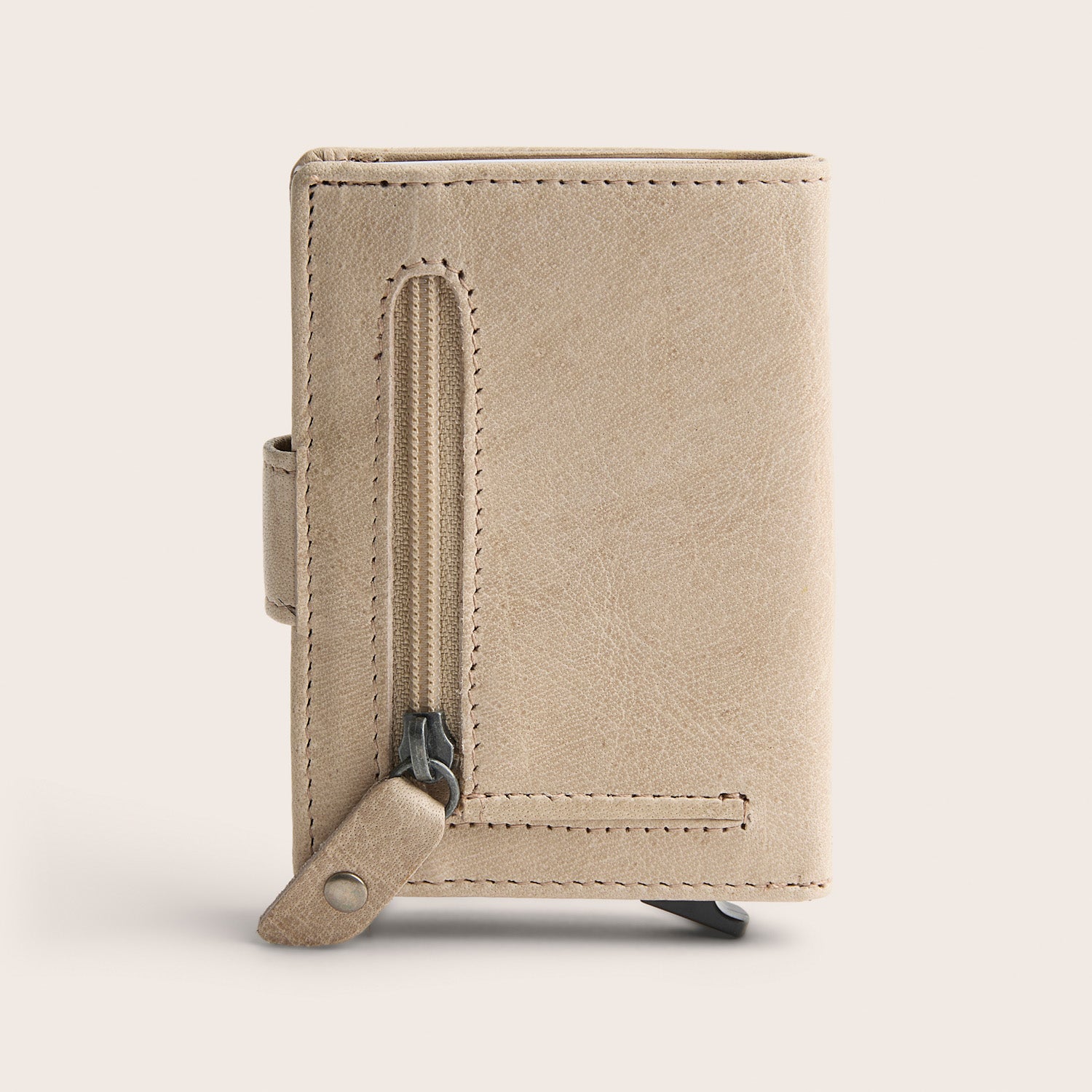 Porte-cartes en Cuir Beige Prague, vue de dos avec poche zippée
