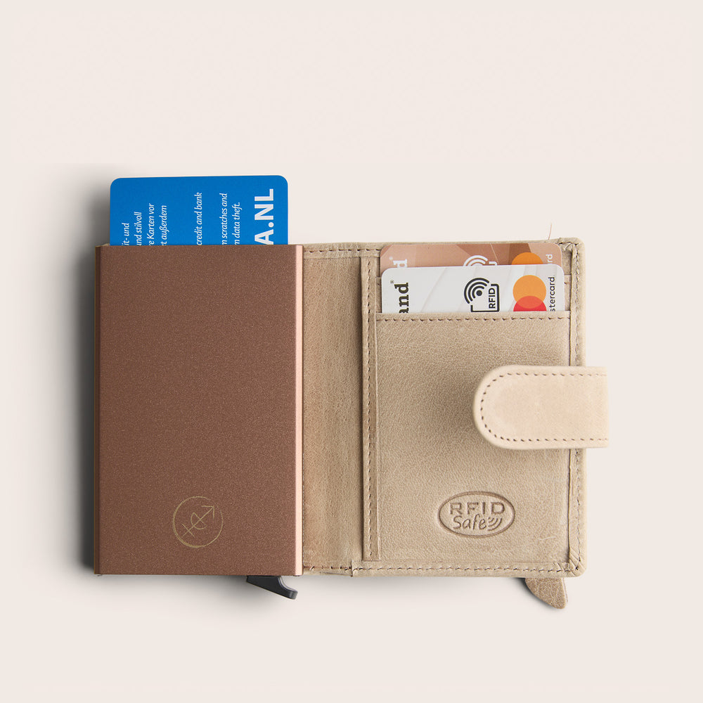Leather Card Holder Off White Prague, inside view, opened, with cards, embossed 'RFID Safe'