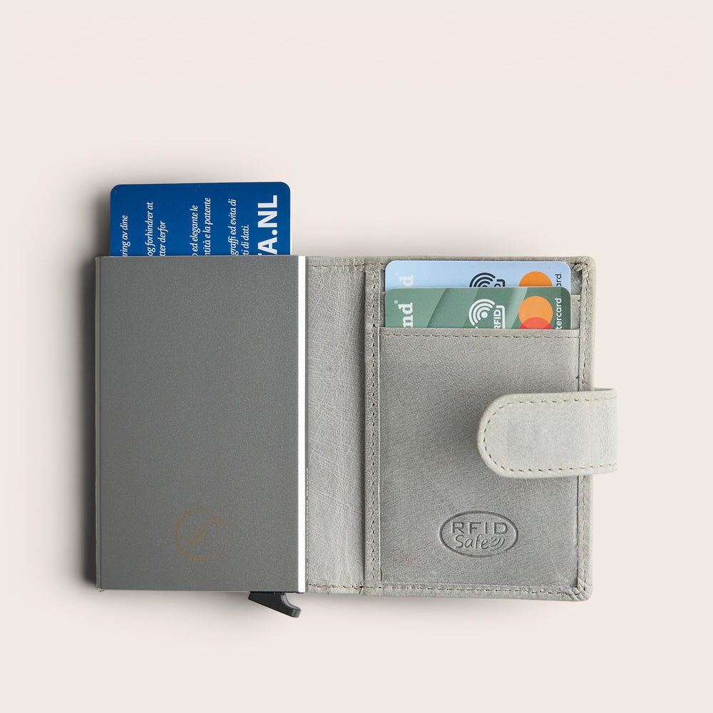 Leather Card Holder Light Grey Prague, inside view, opened, with cards and embossed 'RFID Safe'