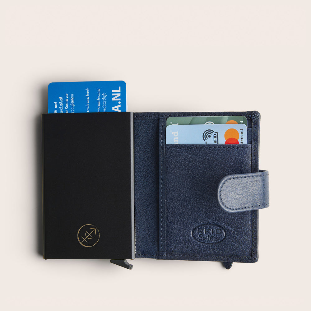 Leather Card Holder Navy Prague, inside view, opened, with cards