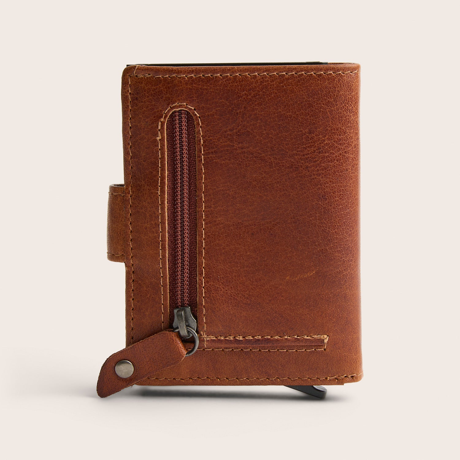 Leather Card Holder Cognac Prague, back view with zip pocket