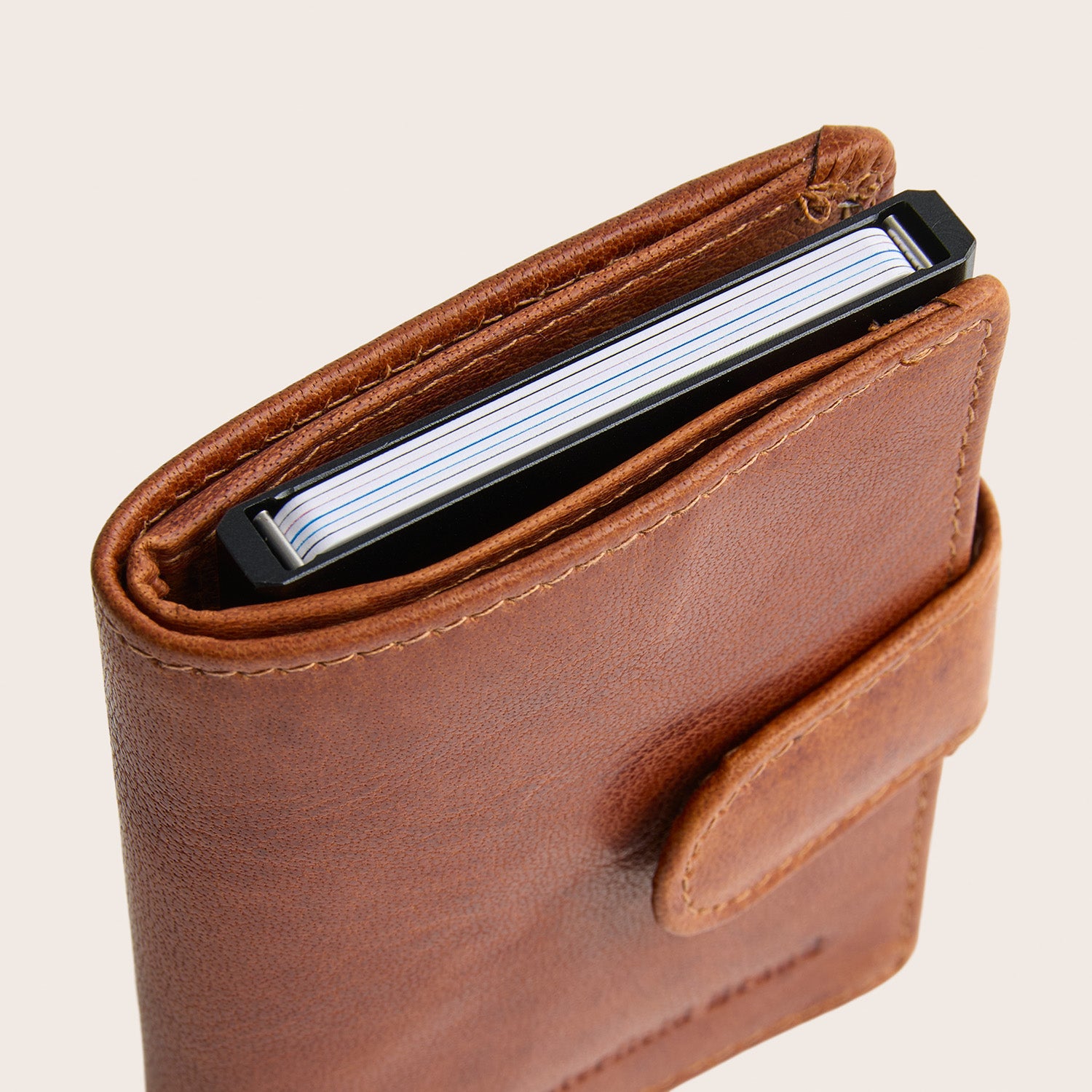 Leather Card Holder Cognac Prague, top view with cards
