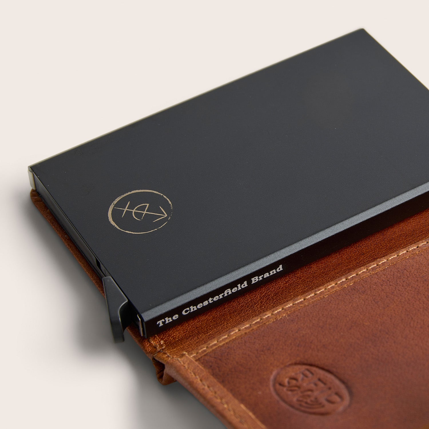 Leather Card Holder Cognac Prague, close-up of the card case with the text 'The Chesterfield Brand'