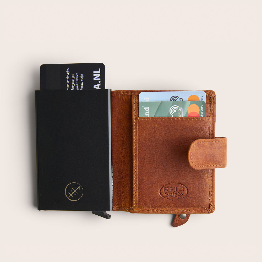 Leather Card Holder Cognac Prague, inside view, opened, with cards