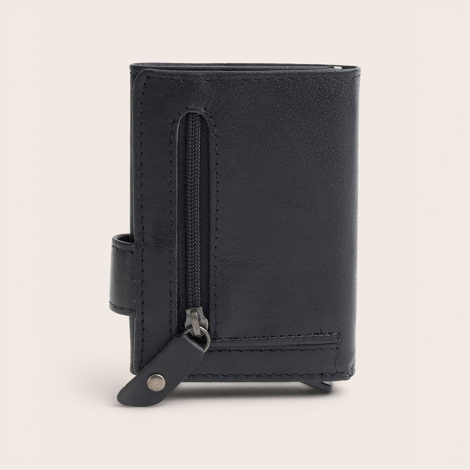Porte-cartes en Cuir Noir Portland, vue de dos avec poche zippée