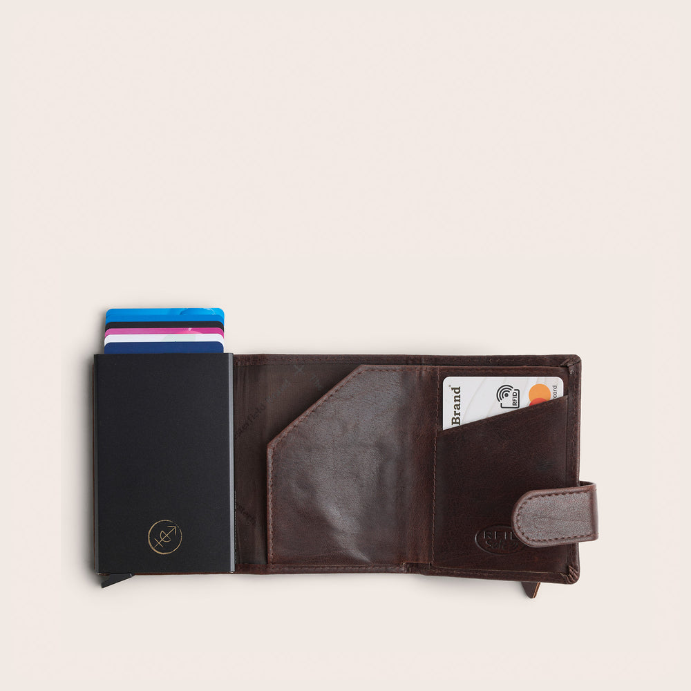 Leather Card Holder Brown Portland, inside view, opened
