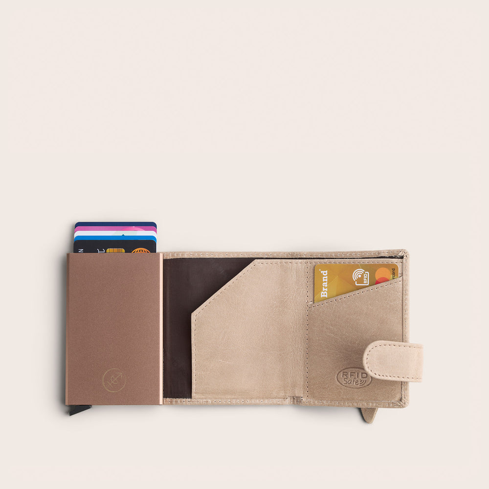 Leather Card Holder Off White Portland, inside view, opened, with cards