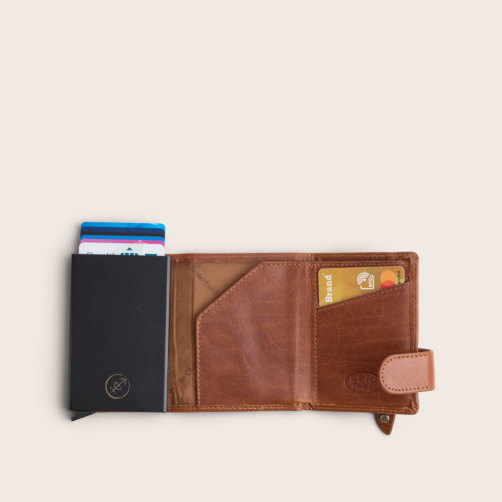 Leather Card Holder Cognac Portland, inside view, opened