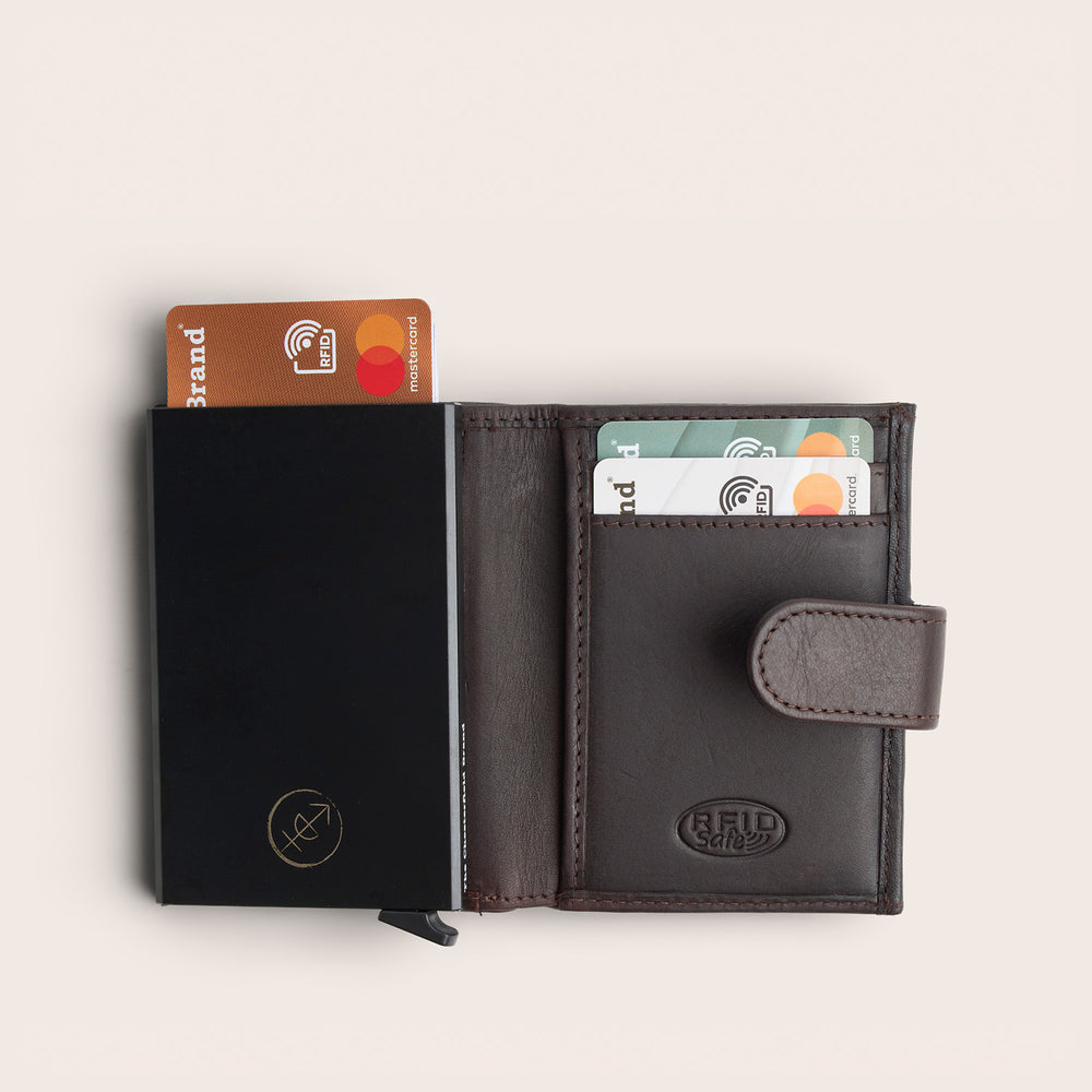 Leather Card Holder Brown Leipzig, inside view, opened, with cards, embossed 'RFID Safe'