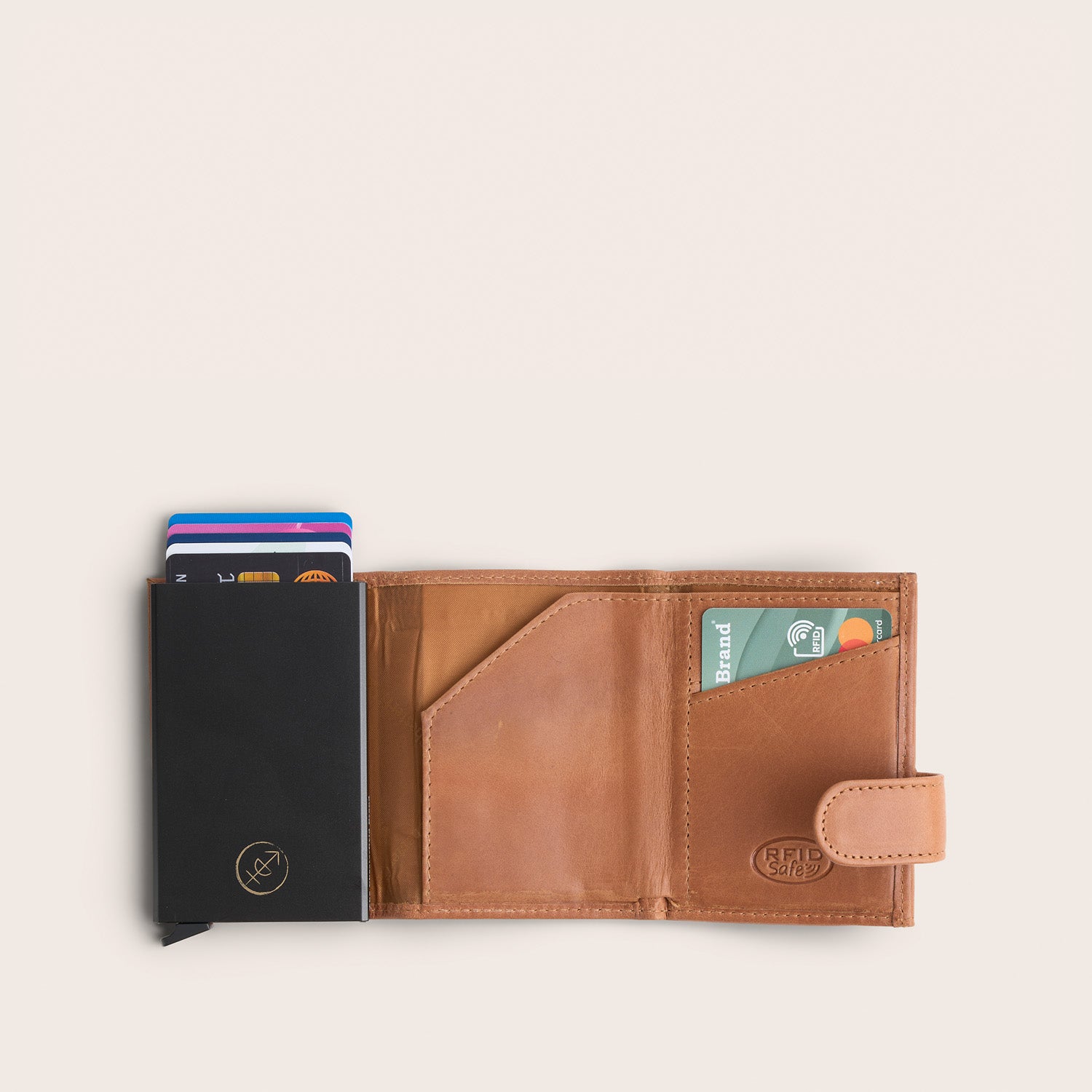 Leather Card Holder Cognac Frankfurt, inside view, opened, with cards