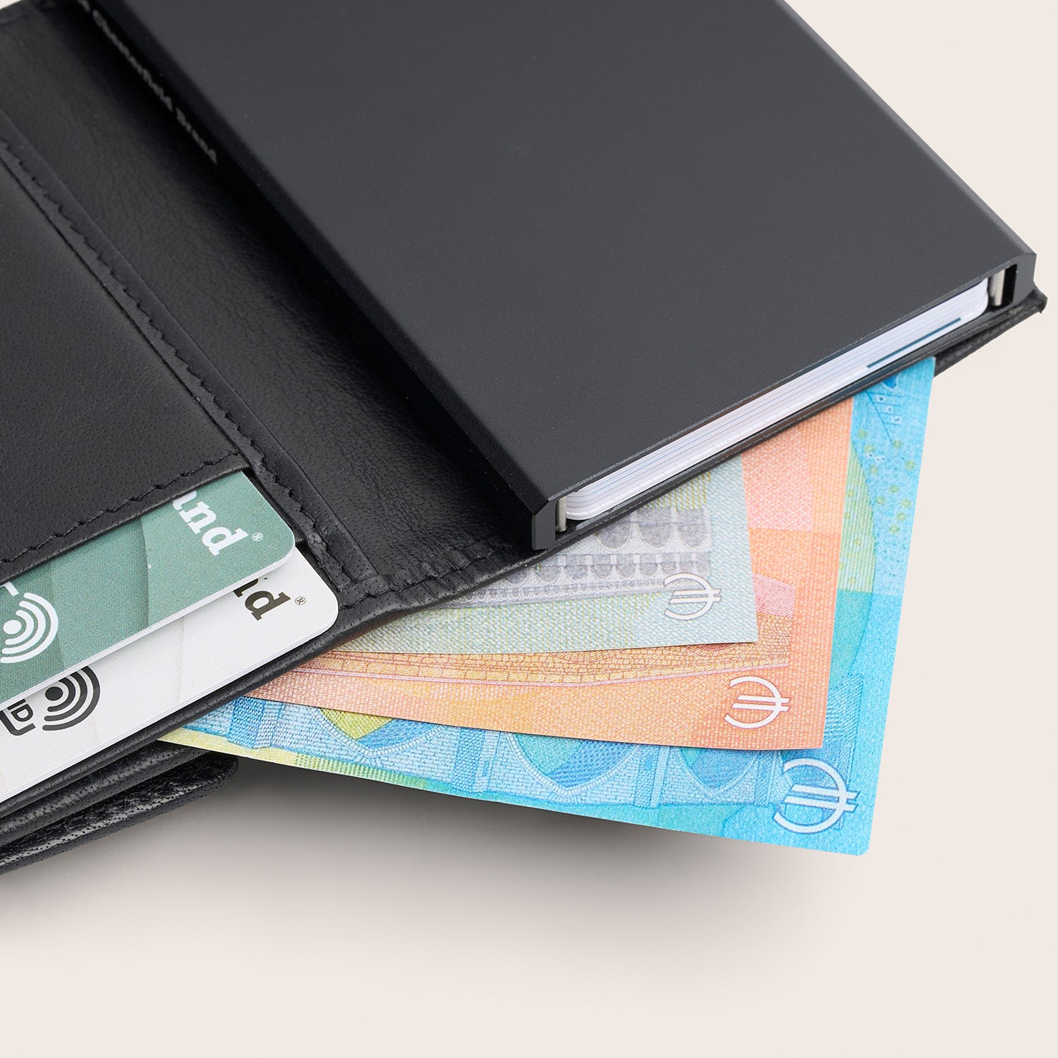 Leather Card Holder Black Hannover, inside view, opened, with cards and banknotes