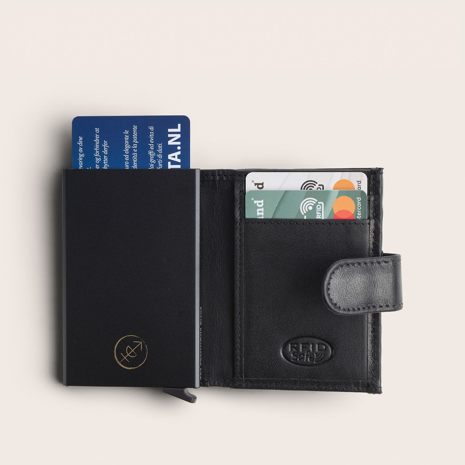 Leather Card Holder Black Hannover, top view, opened, with card case and cards