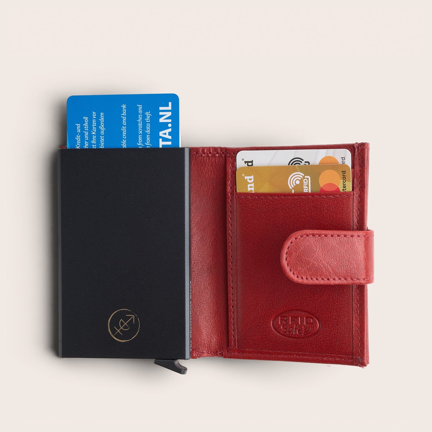 Leather Card Holder Red Hannover, inside view, opened