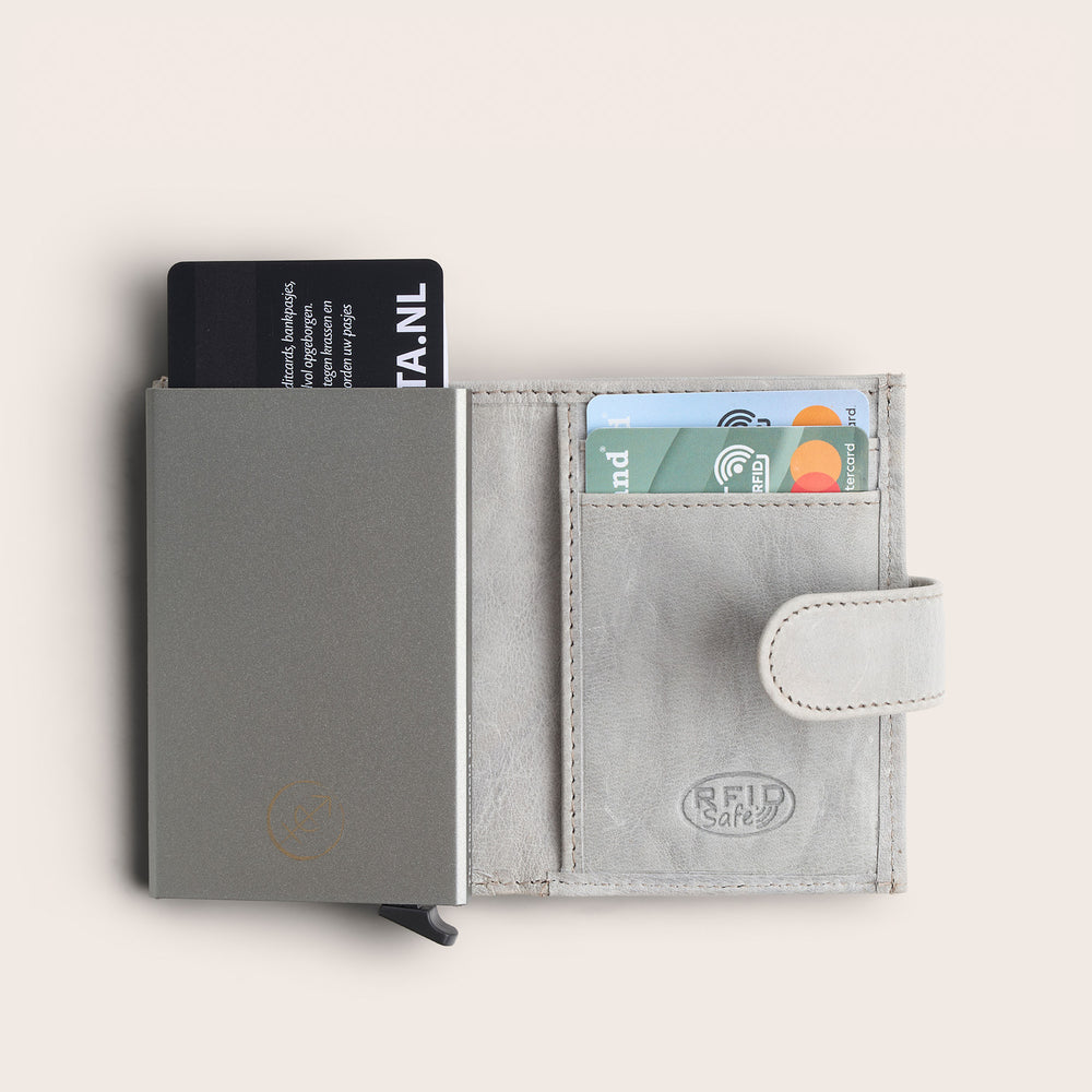 Leather Card Holder Light Grey Hannover, inside view, opened