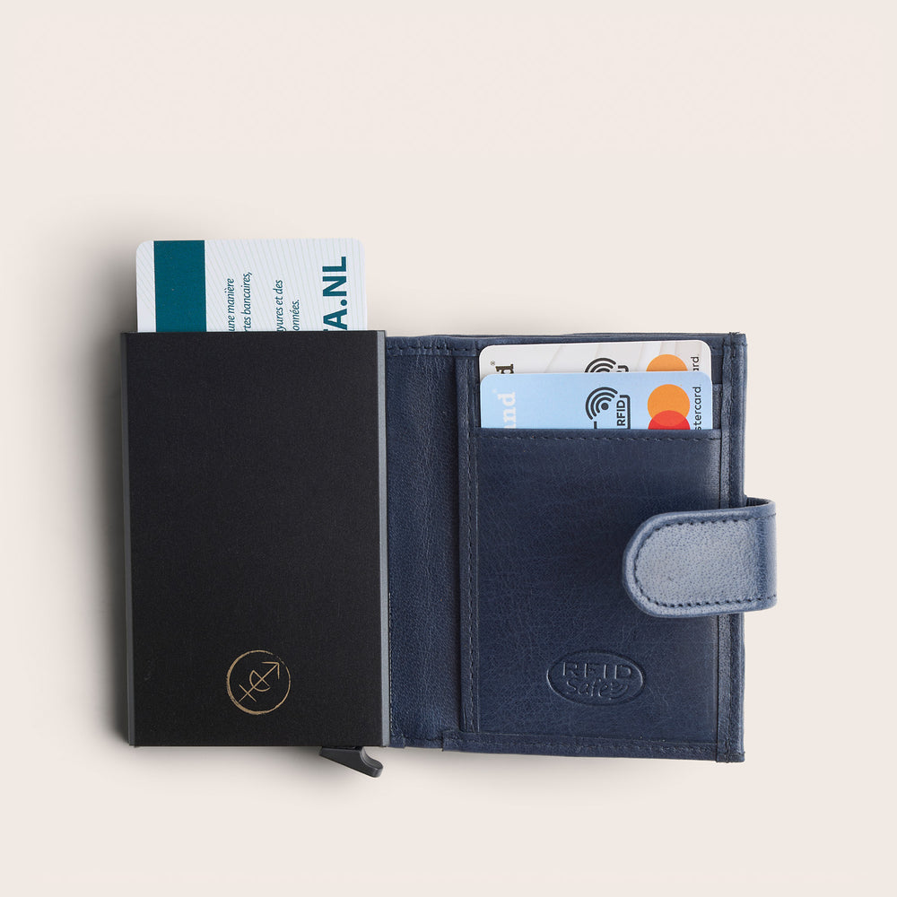 Leather Card Holder Navy Hannover, inside view, opened