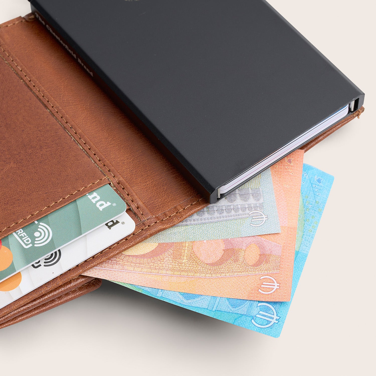 Leather Card Holder Cognac Hannover, inside view, opened, with cards and banknotes