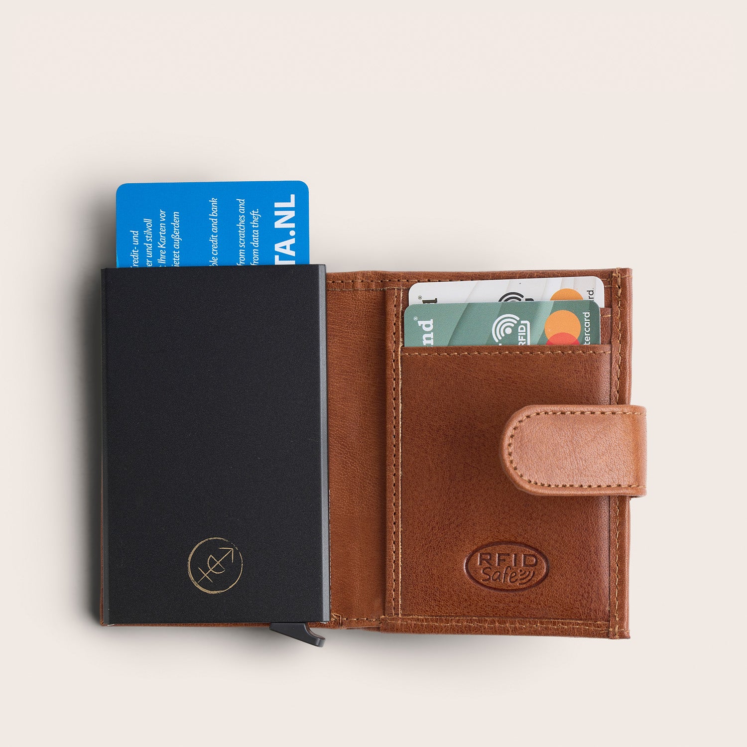 Leather Card Holder Cognac Hannover, top view, opened, with card case and cards