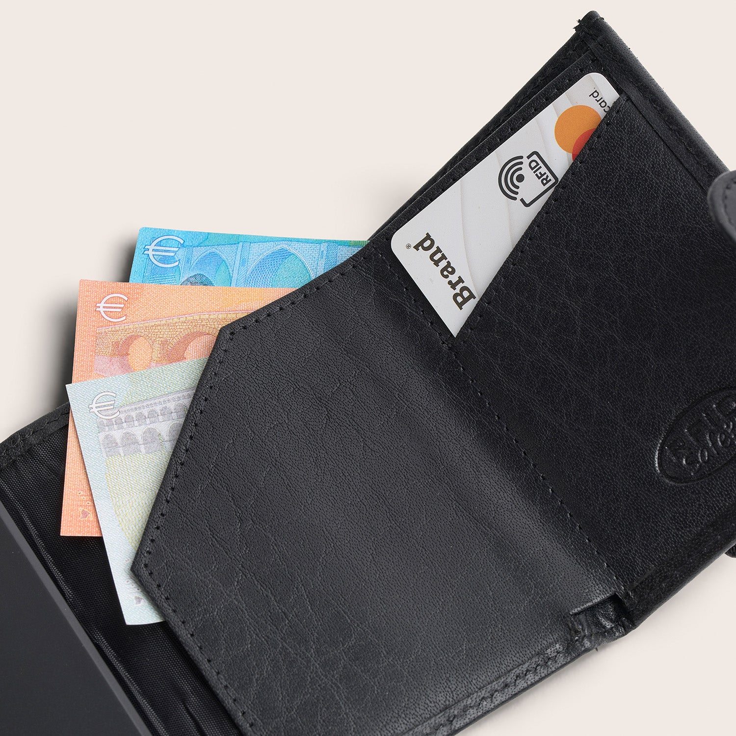 Leather Card Holder Black Mannheim, inside view, opened, with cards and banknotes