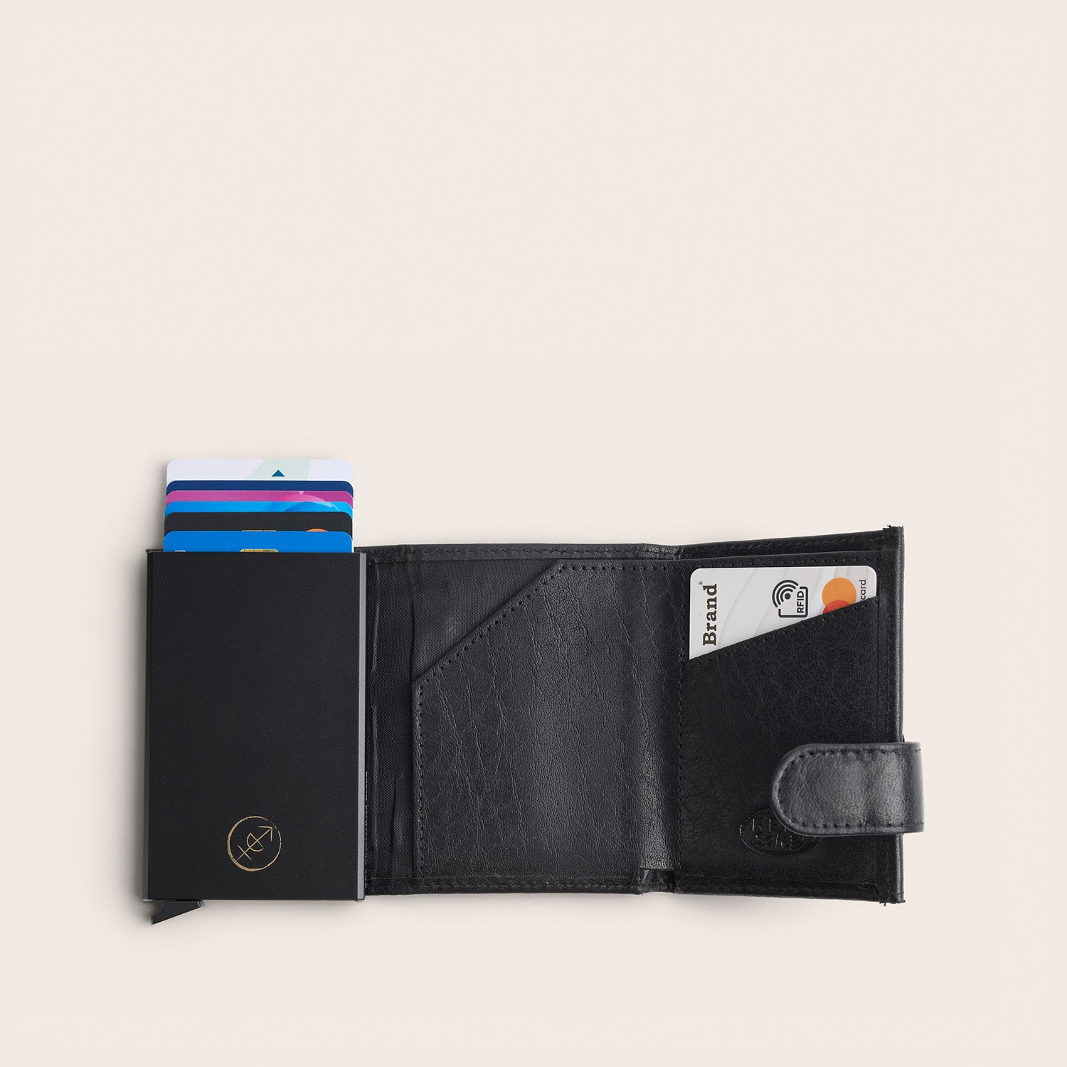 Leather Card Holder Black Mannheim, top view, opened, with cards pushed out
