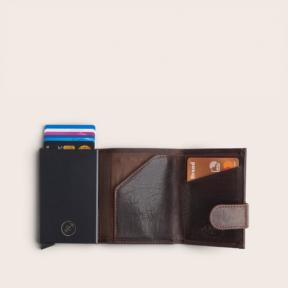 Leather Card Holder Brown Mannheim, top view, opened, with cards pushed out