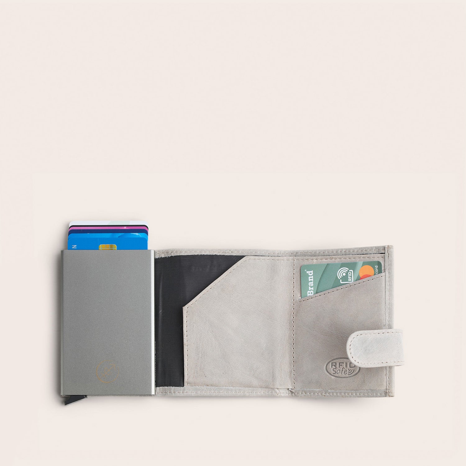 Leather Card Holder Light Grey Mannheim, inside view, opened, with card case and cards